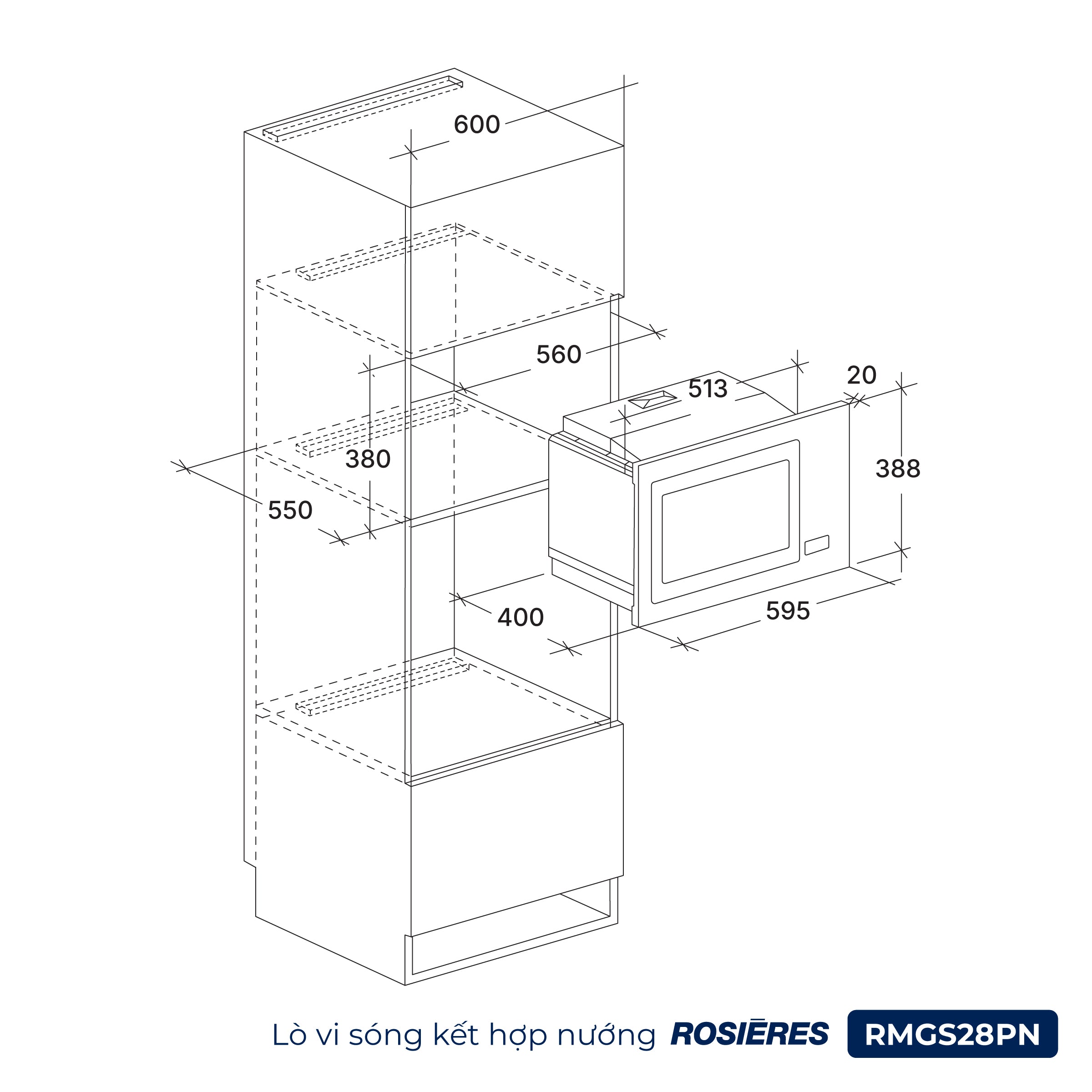 Kích thước Lò vi sóng kết hợp nướng Rosières RMGS28PN